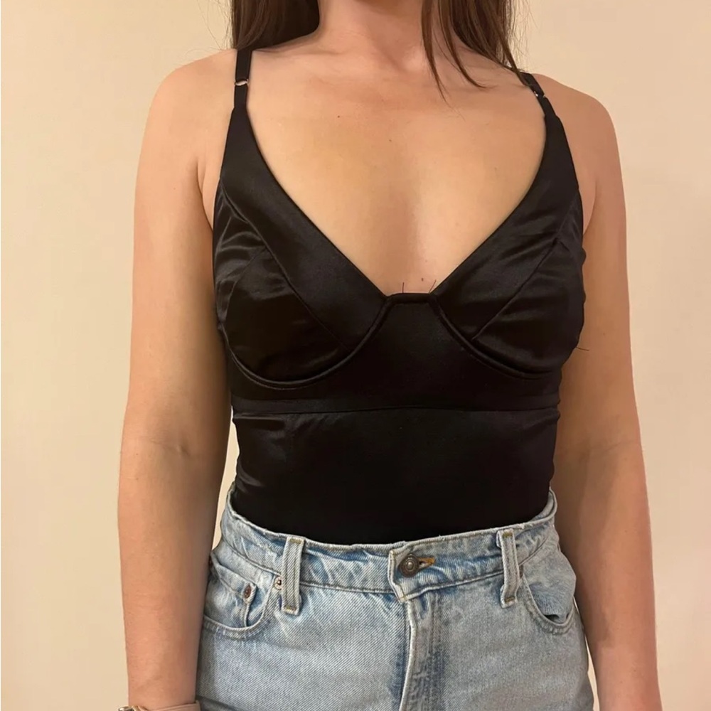 Black Deep V Neck Satin Bodysuit